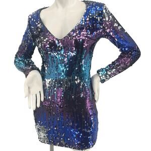 HaHa Women Purple Blue Silver Teal Ombre Sequin Color Changing LS Mini Dress S